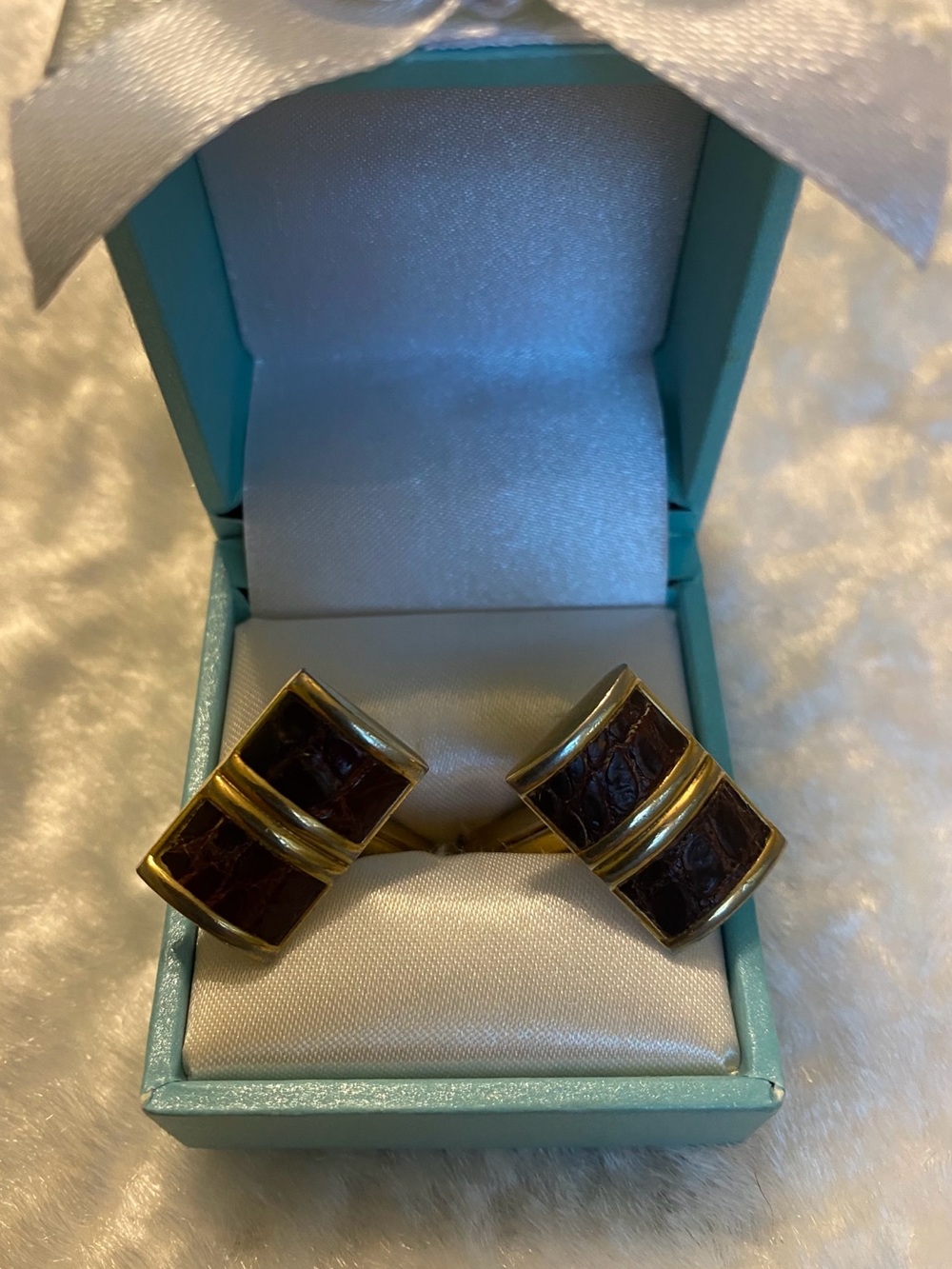 🍀VTG Swank Gold Brown Leather Inlay Cufflinks